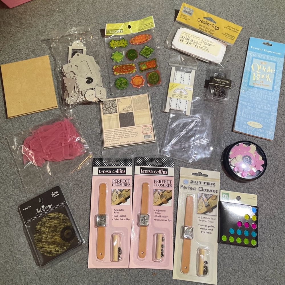 Scrapbooking Lot. All new items. Vellum. Chipboard. Tags. Ribbon. Rub ons.